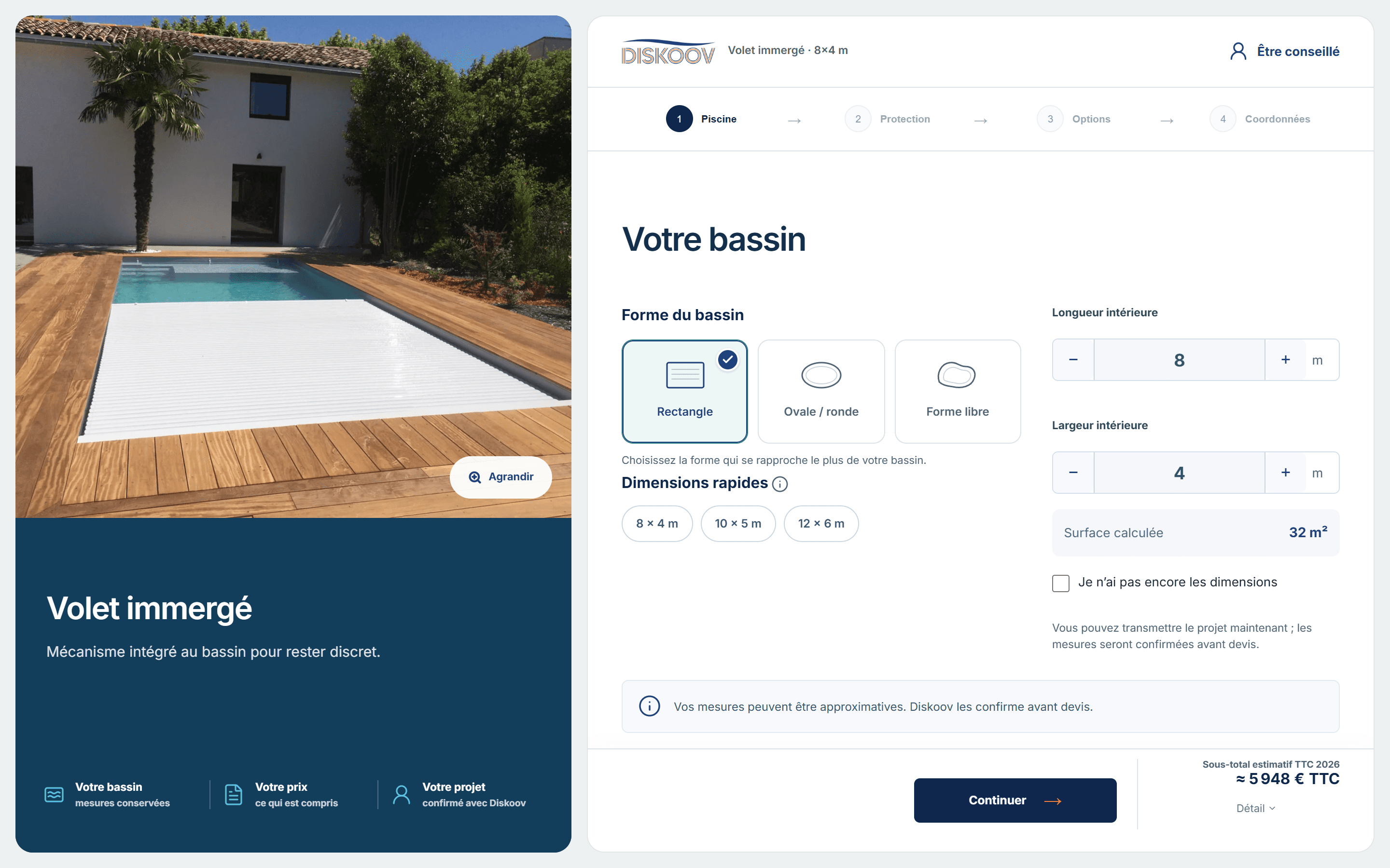 Configurateur DisKoov : dimensions du bassin et estimation du prix.